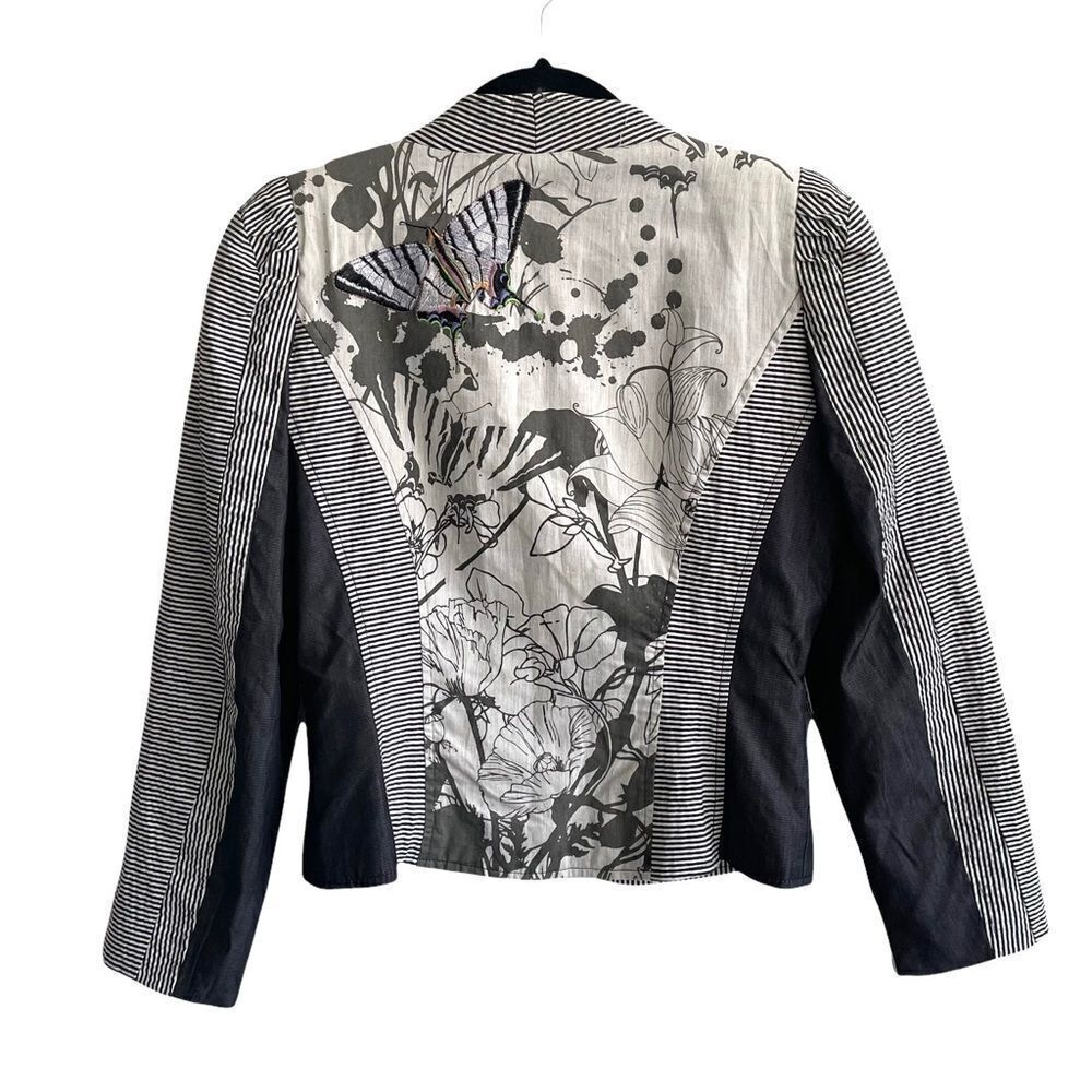 St-martins Cotton Striped Blazer Embellished Butterfly Embroidery Black White 36